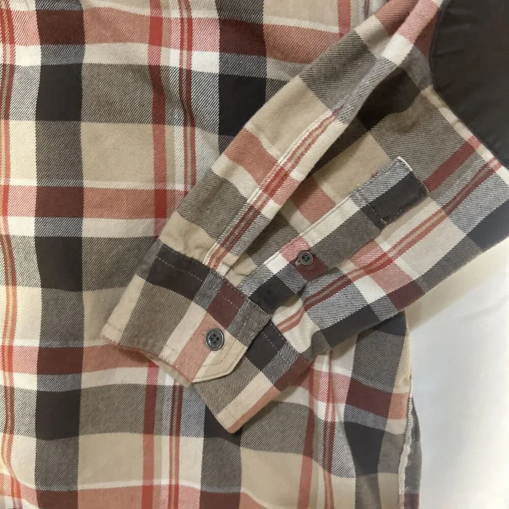 Wrangler ATG Shirt Mens Large Brown Plaid Button Up Flannel Cotton Blend Elbow